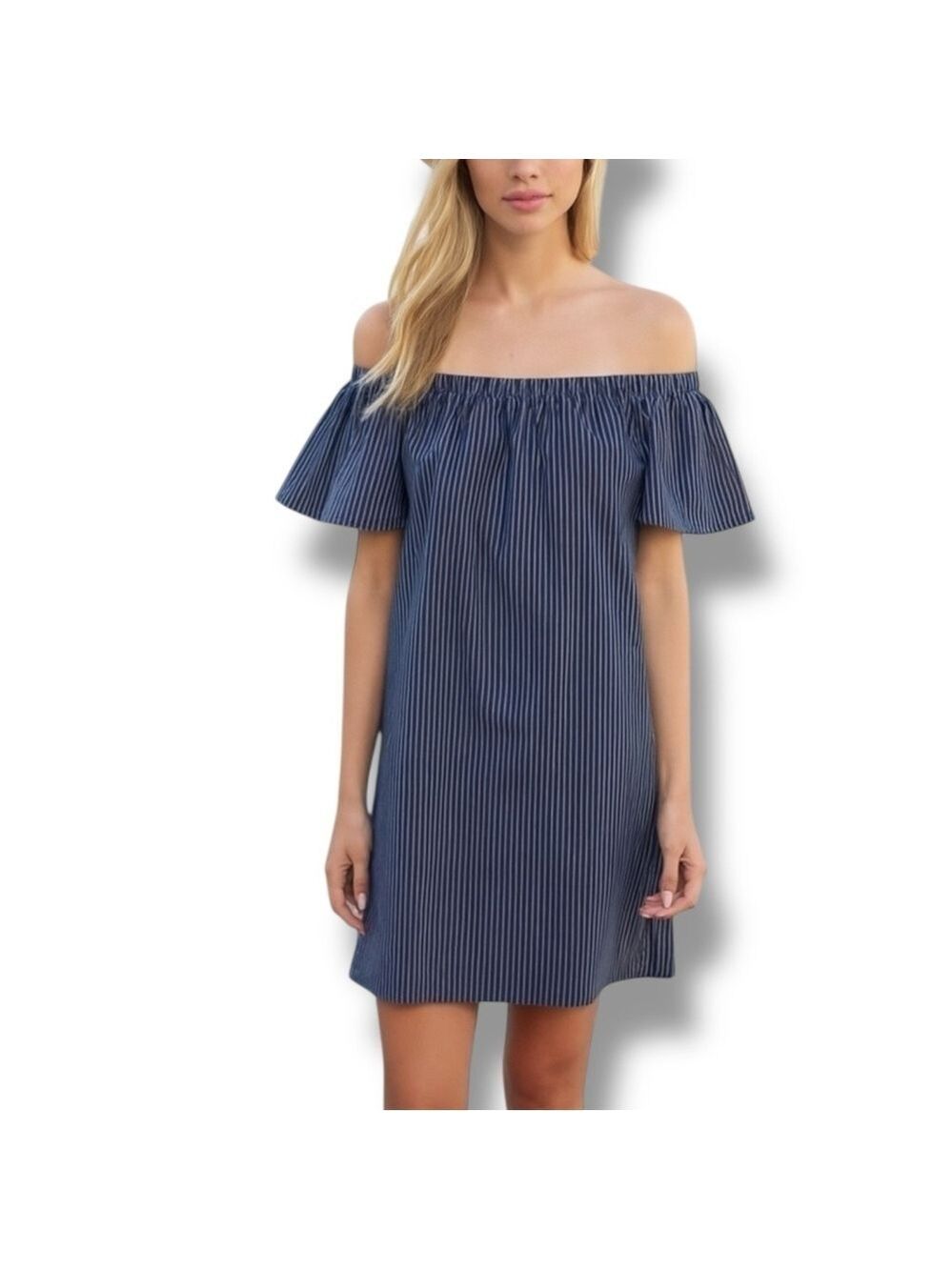 Banana Republic Navy Blue White Striped Off Shoulder Mini Dress - Large